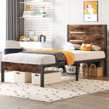 Fluest Twin Bed Frame with Headboard and Footboard, Metal Twin Bed Frame with Under Bed Storage, All-Metal Support System, No Box Spring Needed, Easy Assembly,Rustic Brown Fluest
