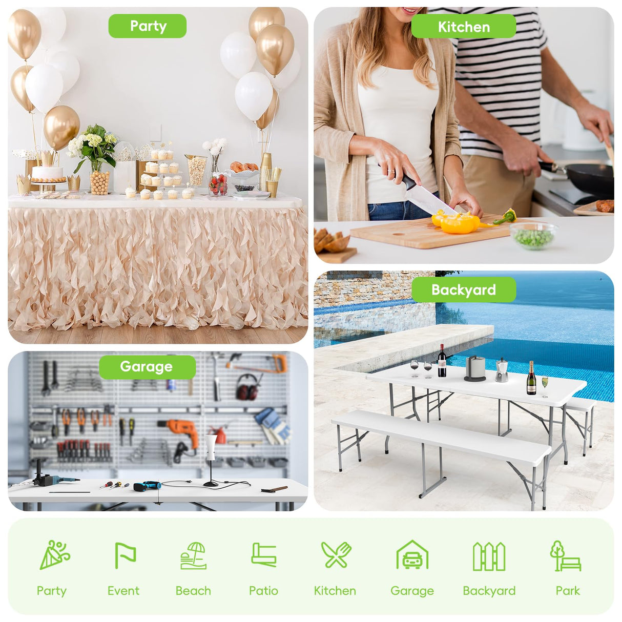 HLPB 6ft Folding Table with Handle & Safety Locks - Portable Picnic & Camping Table, Indoor/Outdoor Dining & Work Table for Weddings & Parties Plastic Construction HLPB