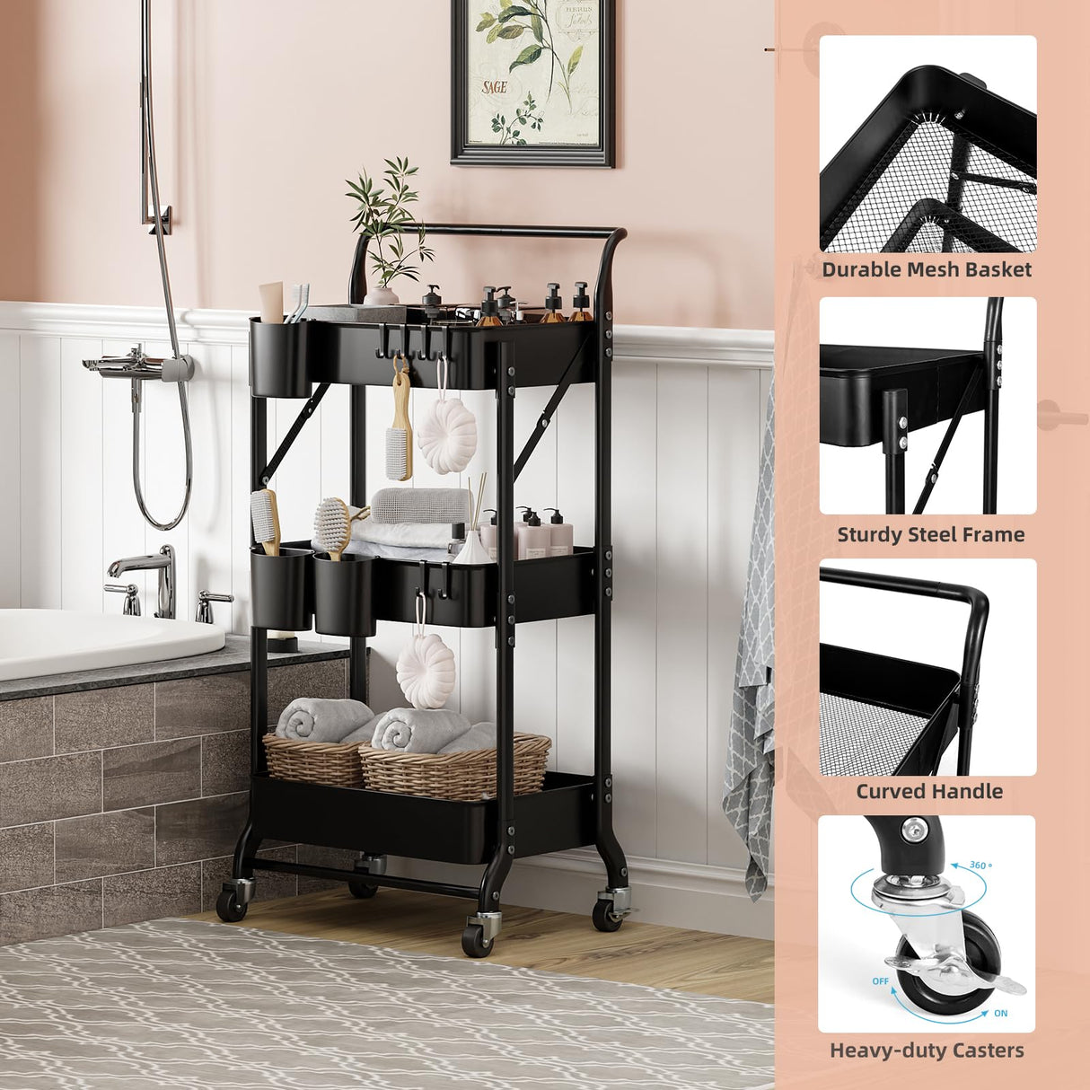 3 Tier Foldable Rolling Cart with Wheels, Folding Utility Cart Organizer, Collapsible Rolling Storage Cart with 3 Hanging Cups & 6 Hooks for Kitchen, Office, Nursery(Black) Amatic