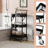 3 Tier Foldable Rolling Cart with Wheels, Folding Utility Cart Organizer, Collapsible Rolling Storage Cart with 3 Hanging Cups & 6 Hooks for Kitchen, Office, Nursery(Black) Amatic