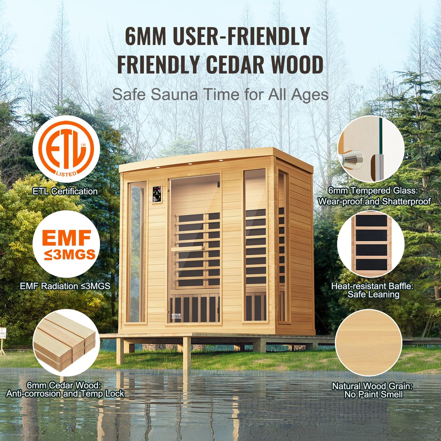 VEVOR 3 to 4 Person Far Infrared Wooden Sauna, Room Home Sauna Spa, Low EMF Far Infrared Hemlock Wood Sauna with Tempered Glass Door & Bluetooth Speakers & Chromotherapy Lights, 2580W Indoor