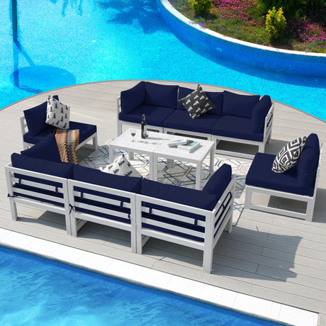 NICESOUL® 10 Piece Aluminum Outdoor Patio Furniture Conversation Sofa Set, White Large Size Luxury Sectional Couch with Coffee Table Navy Blue Olefin Cushion for Garden, 2 Color Cushion NICESOUL