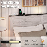 WQQUT Full Size Farmhouse Bed Frame with Sliding Barn Door Storage Cabinets, Charging Station & LED Lights, Wood Platform Bed Frame with Solid Wood Slats, Noiseless, No Box Spring Needed WQQUT