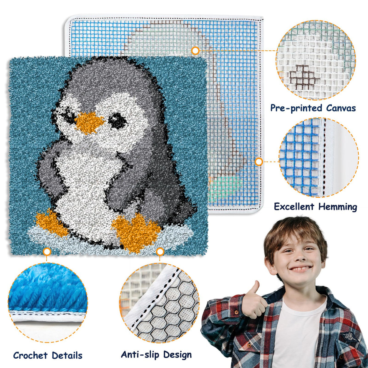 YP Latch Hook Kits for Kids Adults DIY Rug Tapestry Kits with Printed Canvas Embroidery Kits Festival Gifts Home Decoration (Penguin,11.8inch X 11.8inch) YP
