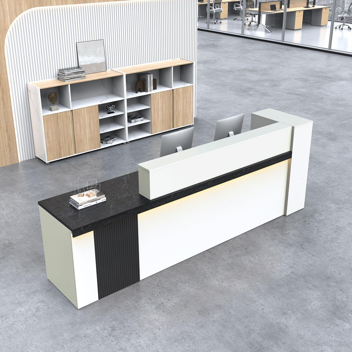 Nuipesn Modern L Shape Reception Desk with Storage – Front Desk Reception Counter with Double-Layer Countertop, Drawer & Open Shelf, for Office, Salon, (Black Grain+White Grain/Left, 71"L*24"W*39"H) Nuipesn