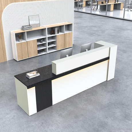 Nuipesn Modern L Shape Reception Desk with Storage – Front Desk Reception Counter with Double-Layer Countertop, Drawer & Open Shelf, for Office, Salon, (Black Grain+White Grain/Left, 71"L*24"W*39"H) Nuipesn