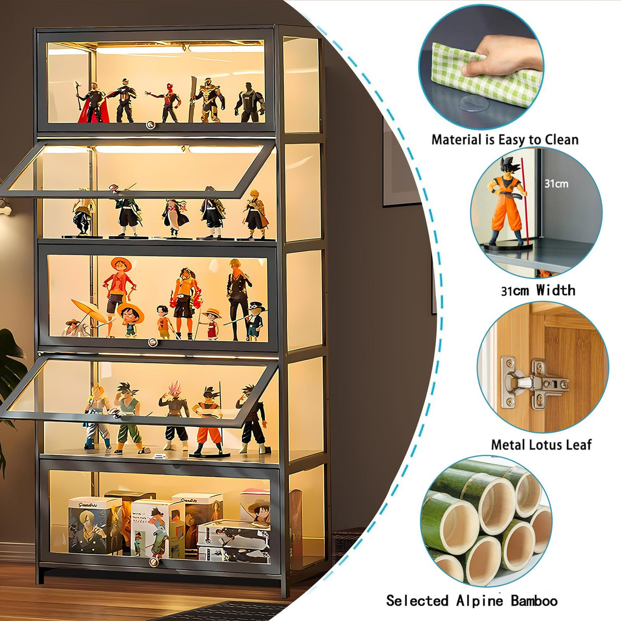 TVMCNA 67" Display Cabinet, Curio Display Cabinet with Door and 4 Adjustable Shelves, Large Capacity Storage Cabinet Collectibles Toy Display Case for Living Room TVMCNA