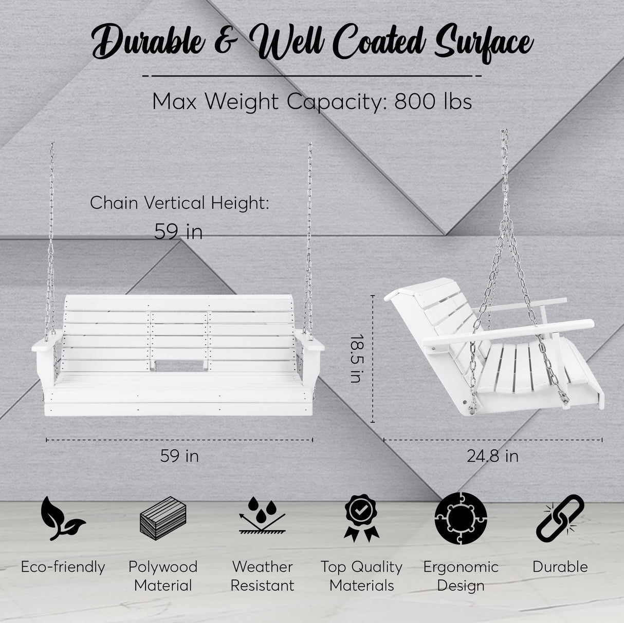 BENAIYA Heavy Duty Poly Lumber HDPE Porch Swing Outdoor Hanging Chair with Cup Holders Swinging Bench for Patios, Backyard Poly Wooden Seating, Sturdy Steel Chains BENAIYA