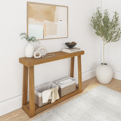 Plank+Beam Solid Wood Console Table with Storage, 46.25 Inch, Sofa Table with Shelf, Narrow Entryway Table for Hallway, Behind The Couch, Living Room, Foyer, Easy Assembly, Pecan Plank+Beam