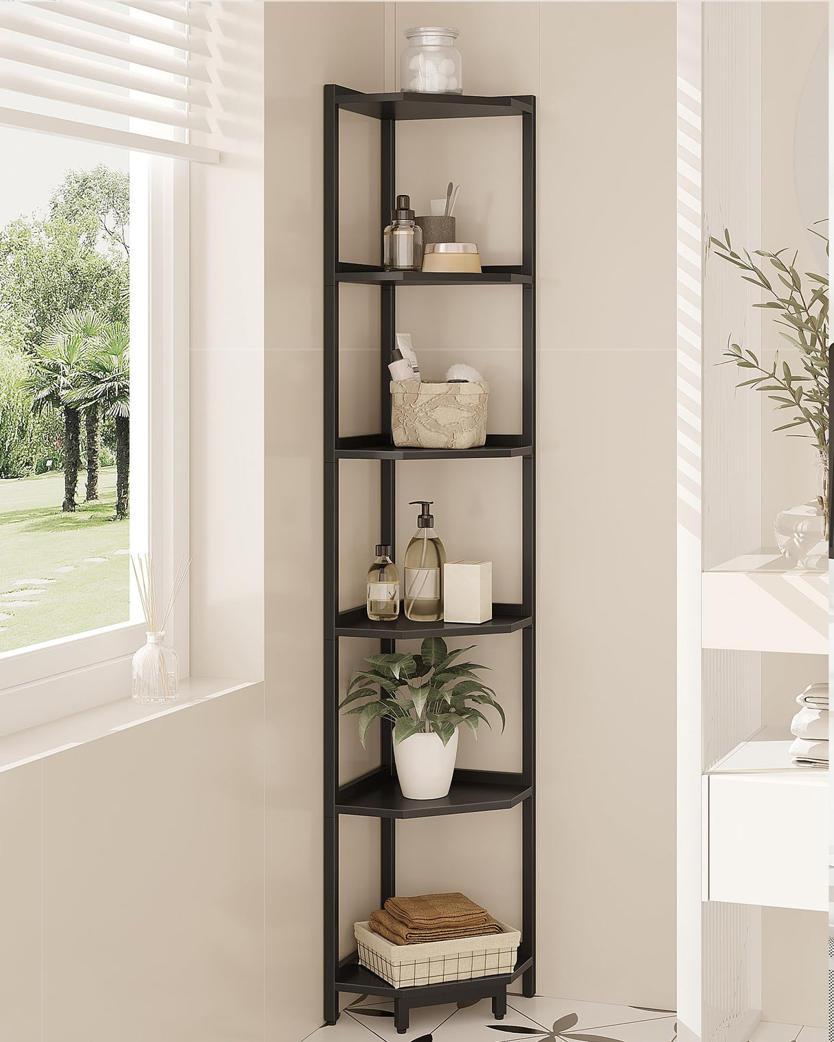 Hzuaneri Corner Shelf Stand, Corner Bookshelf, Storage Standing Shelf Unit with Metal Frame, Plant Stand, Corner Bookcase for Living Room, Home Office, Bedroom, 6-Tier Black CS06006B Hzuaneri