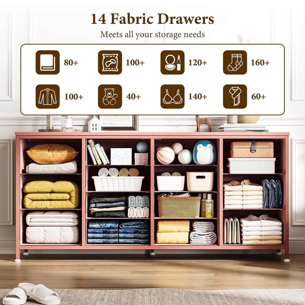 Patikuin 63" W Dresser Tv Stand for 65 70 75 Inch Tv, 14 Drawer for Bedroom with Power Outlets, Large Long Fabric Dresser Entertainment Center Patikuin