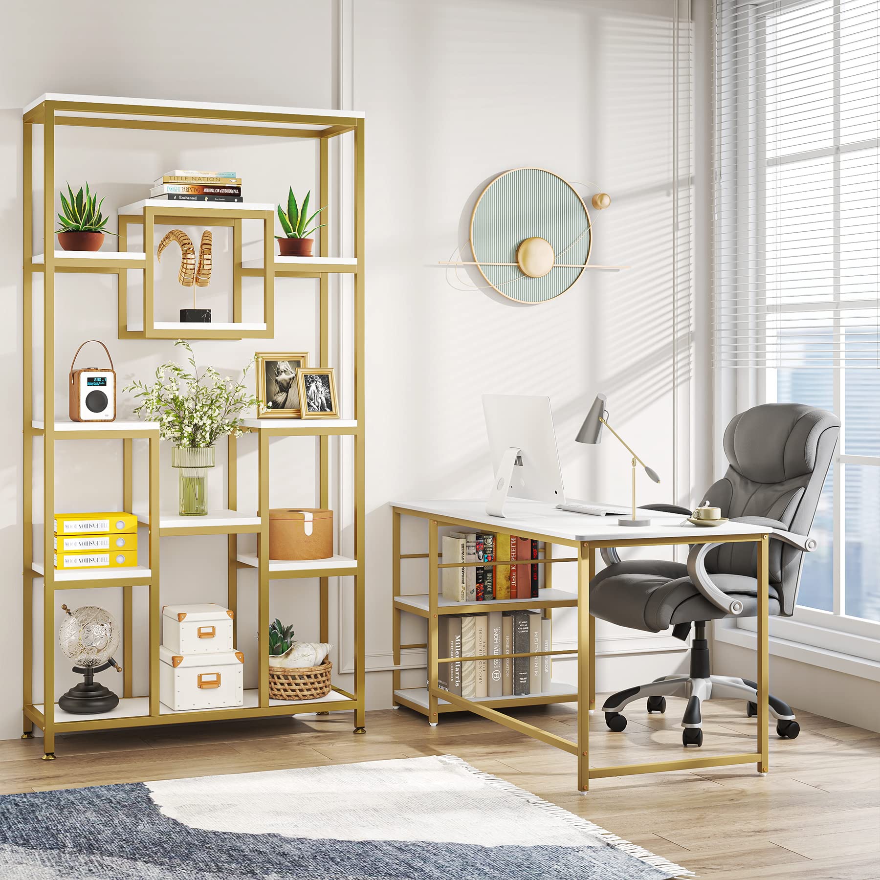 Tribesigns 71" Gold and White Modern 11-Tier Etagere Bookshelf for Elegant Storage and Display - WoodArtSupply