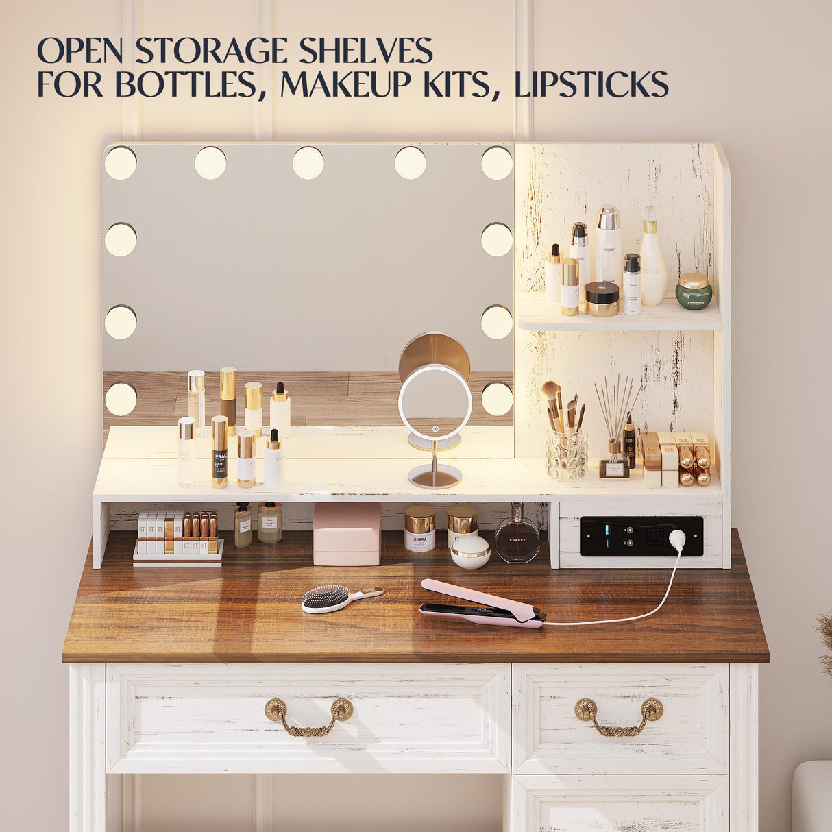 Lareth Vanity Desk 39 inch with Mirror Light and Power Outlet, Farmhouse Makeup Table Set with Stool, 3 Color Adjustable Lights Bedroom Dressing Table with 4 Drawer for Women Girls Teen, Antique White Lareth