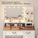 Lareth Vanity Desk 39 inch with Mirror Light and Power Outlet, Farmhouse Makeup Table Set with Stool, 3 Color Adjustable Lights Bedroom Dressing Table with 4 Drawer for Women Girls Teen, Antique White Lareth