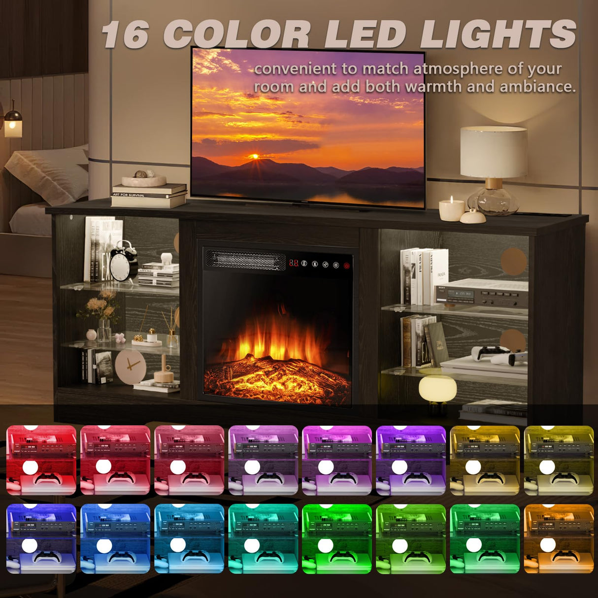 LEMBERI 58 Inches Fireplace TV Stand for TVs up to 65 Inches Console with 18'' Electric Fireplace & Remote, Wooden Modern Entertainment Center for Living Room with LED Light Glass Shelves (Black) LEMBERI