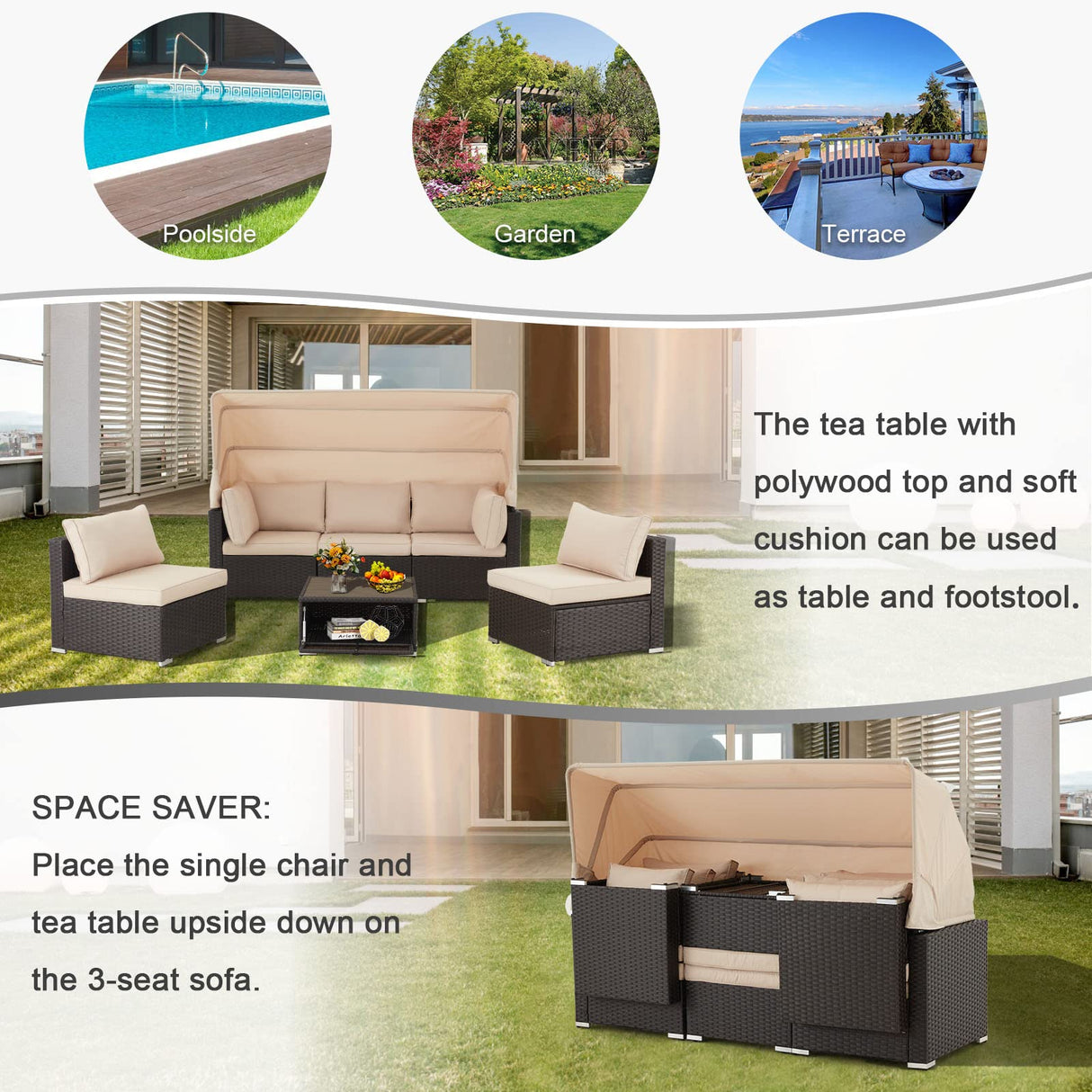 Vicluke 6 Pieces Patio Furniture Sets Outdoor Sectional Sofa Set Rattan Daybed with Retractable Canopy, Adjustable Backrest, Storable Tea Table Rectangle Sunbed for Backyard Garden Poolside(Khaki) Vicluke