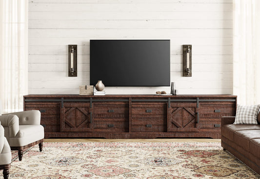 WAMPAT 118" Wide Modern Farmhouse 2 in 1 TV Stand for up to 130" TVs,Faux Bark Finish Wood Entertainment Center with 8 Drawers and Sliding Barn Doors for Living Room, Rustic Brown