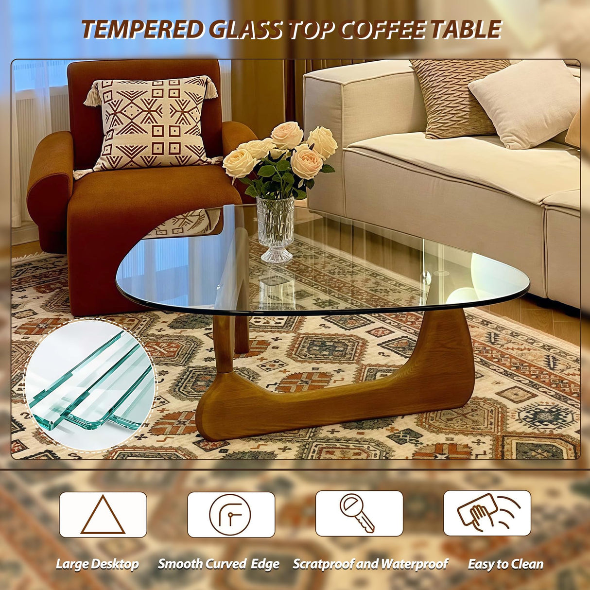 Modern Glass Coffee Table, 32.3″D×25.6″W×15.8″H-Abstract Unique Mid Century Triangle Center Table for Living Room, Minimalist Middle Tables for Home Office, Wooden Base DESYIFO