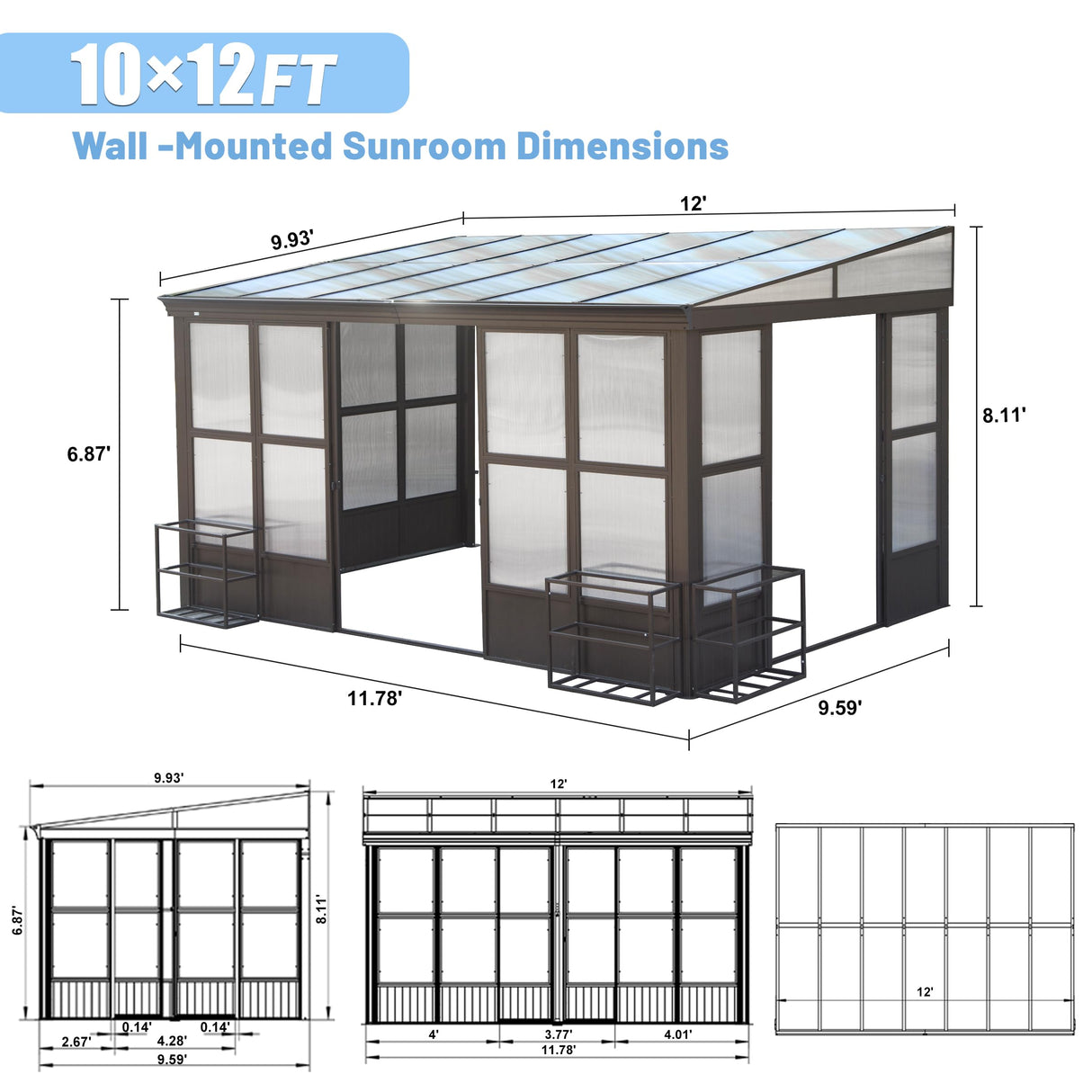 Domi 10x12FT All Season Sunroom, Outdoor Permanent Wall Mounted Solarium with Detachable Polycarbonate Windows, Aluminum Lean to Gazebo Sun Room with 2 Lockable Sliding Doors for Garden Patio Deck domi outdoor living