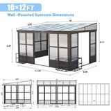 Domi 10x12FT All Season Sunroom, Outdoor Permanent Wall Mounted Solarium with Detachable Polycarbonate Windows, Aluminum Lean to Gazebo Sun Room with 2 Lockable Sliding Doors for Garden Patio Deck domi outdoor living