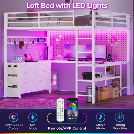 ADORNEVE Loft Bed Full Size with U-Shaped Desk, 6 Storage Drawers, Power Outlet, LED Metal Loft Bed with 2 Storage Shelves, Bed with Safety Guardrail & Ladders,Space-Saving,White ADORNEVE