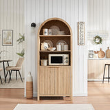 WINWY Arched Cabinet Bookshelf Bookcase - 71” Tall Mid Century Arched Display Cabinets, Rounded Bookshelf with Fluted Doors, Open Shelf Storage Cabinet for Dining Room (Natural) WINWY