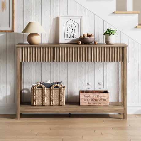 Treocho 47" Console Table with Drawers, Fluted Narrow Entryway Table with Open Shelf, Farmhouse Sofa Table Behind Couch for Hallway, Living Room, Brown Walnut Treocho