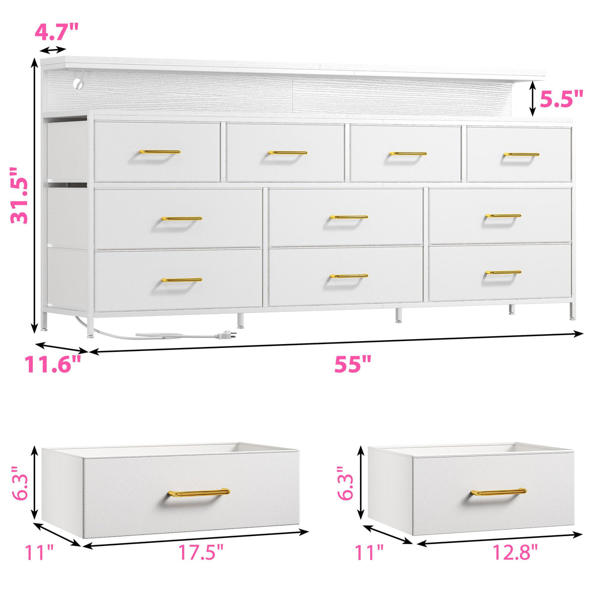 EnHomee 55" W White Dresser for Bedroom with 10 Drawers Long Dressers & Chests of Drawers with LED Lights & Power Outlets Large Dresser for Bedroom Dresser for Closet, Hallway, Metal Frame, White EnHomee
