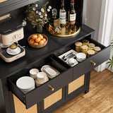 FINETONES 71" Kitchen Pantry Cabinet, Black Pantry Cabinet with Microwave Stand & Charging Hole, Freestanding Kitchen Hutch with Drawers and Adjustable Shelves, Kitchen Rattan Cabinet for Kitchen FINETONES