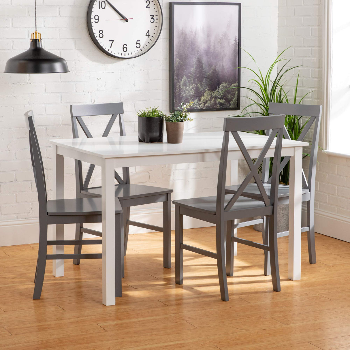 Walker Edison 4 Person Modern Farmhouse Wood Small Dining Table Dining Room Kitchen Table Set Dining 4 X Chairs Set, 48 Inch, White and Grey Walker Edison