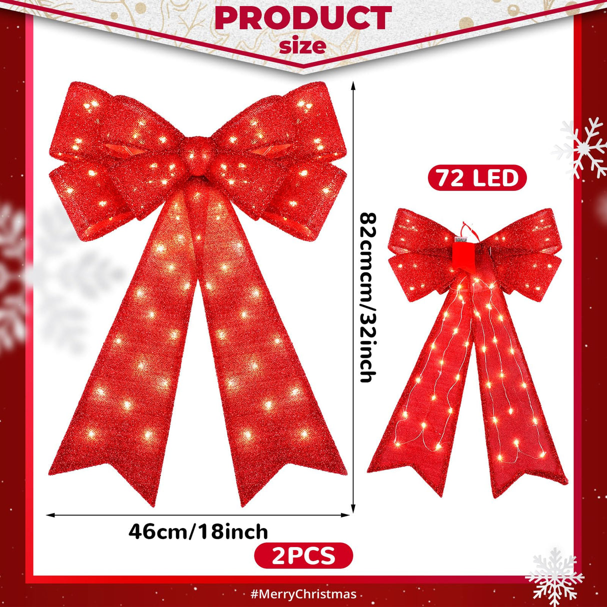 Liliful 2 Pcs 18 x 32 in LED Christmas Wreath Bows Extra Large Bows 72 LED Lights Wreath Huge Bow Door Wall Xmas Tree Top Decor for Indoor Outdoor Winter Xmas Party (Glitter) Liliful