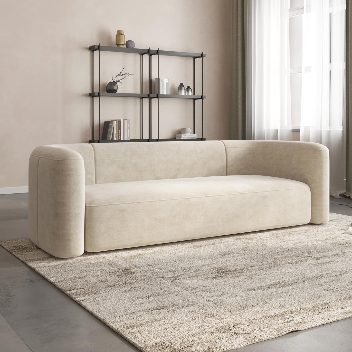 Acanva Luxury Modern Tight Curved Back Velvet Sofa, Minimalist Style Comfy Couch for Living Room Apartment, 3 Seater, Cream