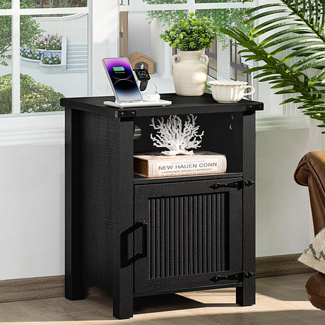 Joaxswe Night Stand, 18 Inch Farmhouse Nightstand with with Charging Station and USB Port, Rustic Couch End Table with Magnetic Door, Wood Bed Side Tables for Bedroom, Home, Black Joaxswe