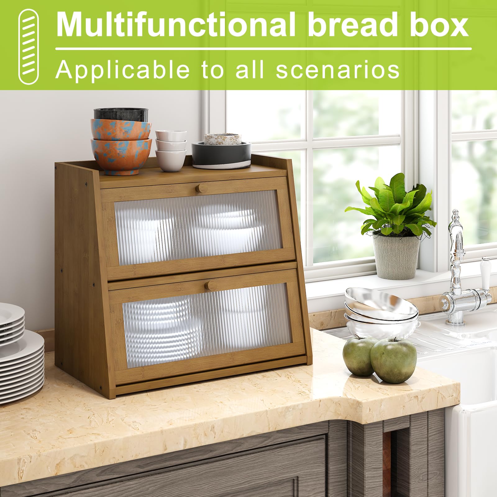 BMOSU Large Bread Box for Kitchen Countertop Double Layer Bread Box Farmhouse Bamboo Bread Box Self-Assembling (Brown) - WoodArtSupply