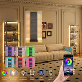 Saudism Glass Display Shelf for Collectibles, LED Black Shelf, Curio Cabinet, Lighted Tall Narrow Shelf with Pegboard Steel Frame for Gaming Room, Floor Lamp with Shelves, Living Room, Bedroom, Small Saudism