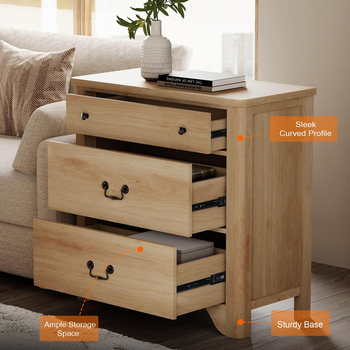 WAMPAT 3 Drawer Dresser for Bedroom, 31.5" Farmhouse Dresser, Kids Dressers for Nursery with Wide Chest of Drawers for Bedroom, Living Room, Oak WAMPAT