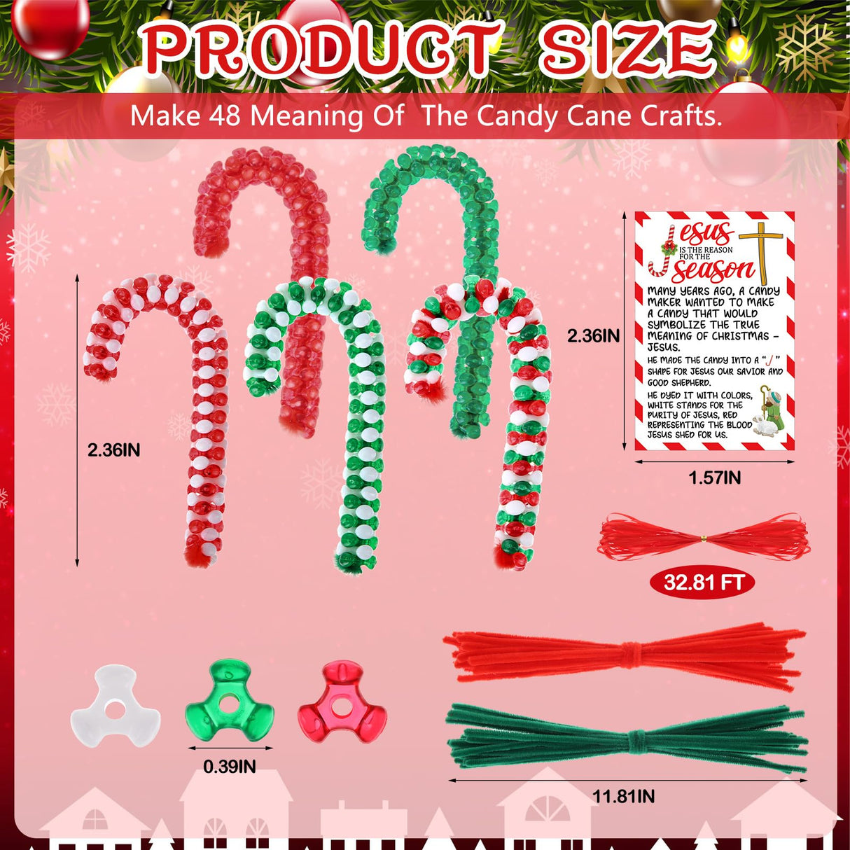 Hollowfly 48 Set Christmas Meaning of The Candy Cane Craft Kit DIY Christmas Tri Beaded Ornament Includes 2160 Plastic Tri Beads 48 Cards 48 Chenille Stems for Jesus Religious Crafts Xmas Tree Decor Hollowfly