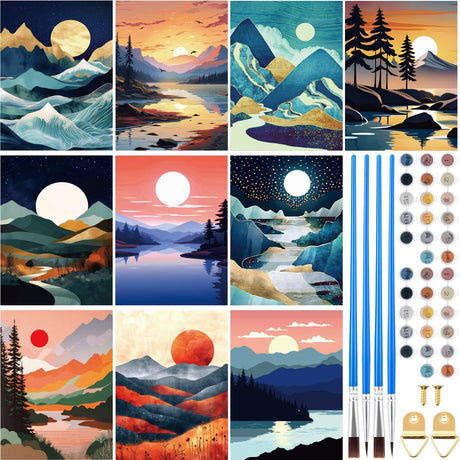 Gueevin 10 Pack Paint by Number DIY for Adults Paint by Numbers Acrylic Painting Kits Canvas, Without Frame, Simple Oil Painting for Spring Summer Gift Wall Decor 12 x 16 inch(Mountain Style) Gueevin