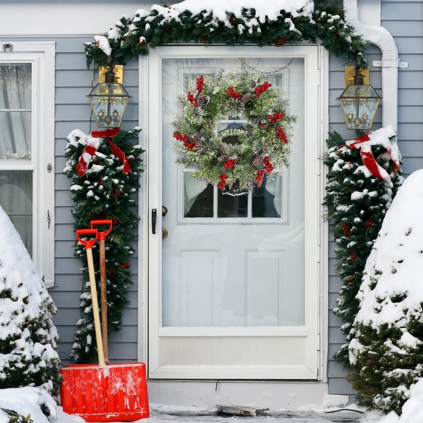 Sggvecsy 21 Inch Artificial Christmas Wreath for Front Door Xmas Red Berry Wreath with Pine Needles Pine Cones Eucalyptus Leaves Christmas Hanging Decorations for Wall Outdoor Home Window Decor