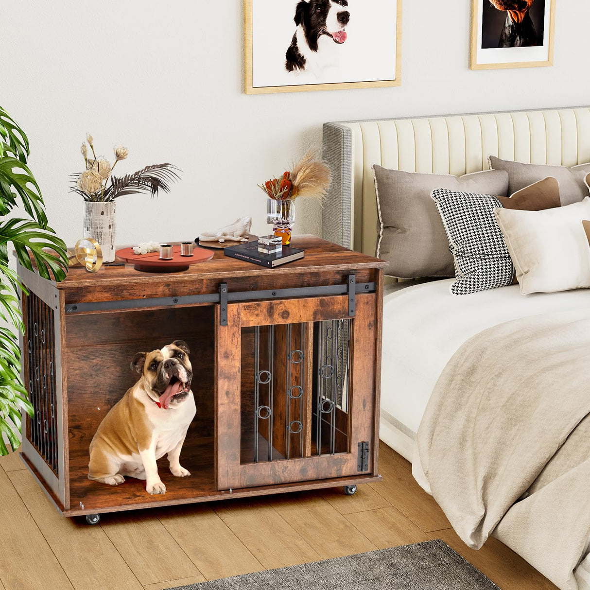 2 Rooms Dog Crate Furniture with Movable Divider,39" Wooden Dog Crate Table,Wooden Dog Kennel Pet House Cage,Flip Top 39.37”Wx25.2”Dx28.94”H GAOMON