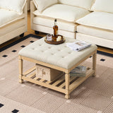 Befurtori Large Square Ottoman Coffee Table, Linen Solid Upholstered Footrest Ottoman with Solid Wood Shelf Storage Tufted Coffee Table for Bedroom Living Room-Ivory Befurtori