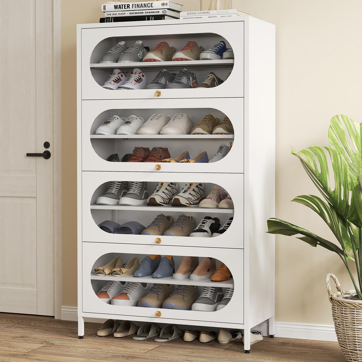 Foreate 8-Tier Tall Shoe Storage Cabinet with 4 Flip-Up Doors & Removable Shelves, 54” Metal Cabinet Shoe Rack Organizer for 24-32 Pair Shoes, Tall Freestanding Modern Entryway Shoe Cabinet-Glass Door Foreate
