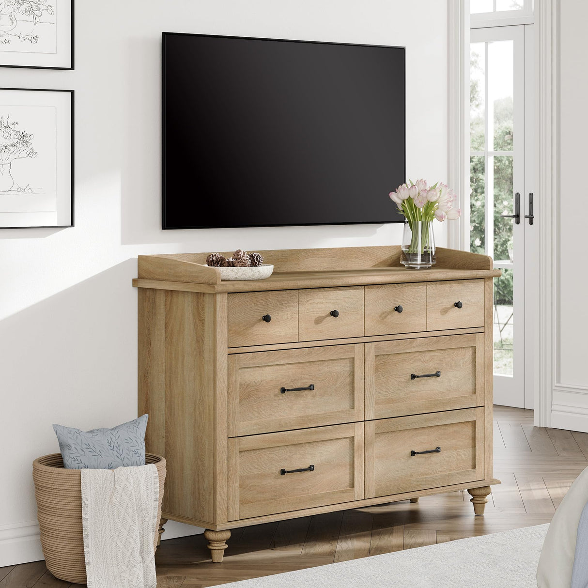 WAMPAT Kids Dresser for Bedroom with 6 Drawers, Oak Baby Dresser with Wide Chest of Drawers, Farmhouse Kids Closet Storage Organizer, Wood Dressers for Living Room, Nursery, Hallway WAMPAT