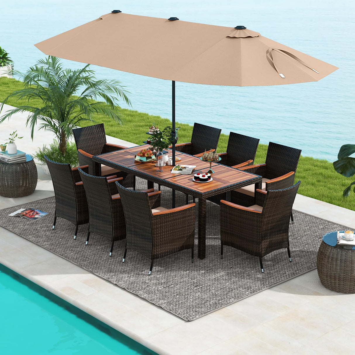 Tangkula 10 Piece Patio Rattan Dining Set with 15Ft Double-Sided Umbrella, Outdoor Heavy Duty Acacia Wood Table and Stackable Wicker Chairs Set, Umbrella with Weighted Base (Coffee) Tangkula
