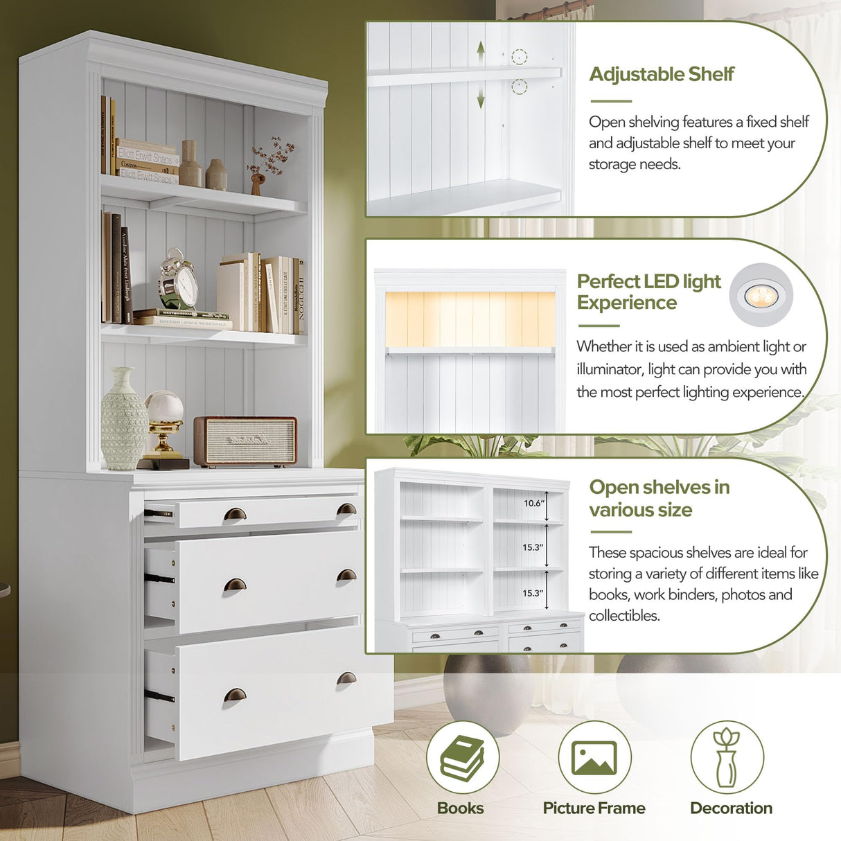 Modern White 83.4" Tall Bookcase with LED Lighting and 3 Drawers for Office and Living Room Bellemave