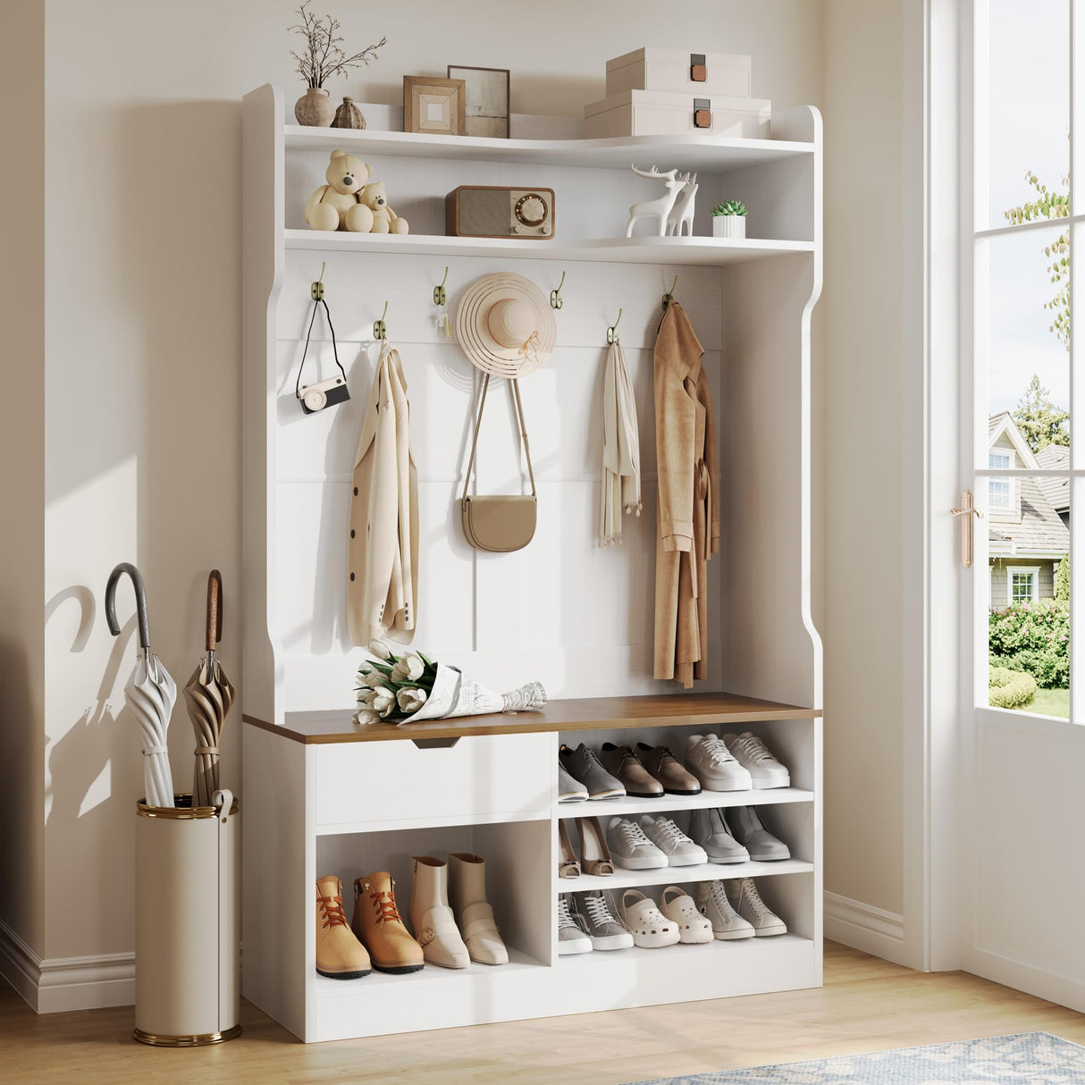 Vividwood Hall Tree with Bench, Simple Style 5 in 1 Hall Tree, Entryway Storage bench3-Layer Shoe Cabinet & 7 Coat Hooks, Separate Drawers, 42.9x15.94x70.86 in (Country White) Vividwood