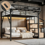 Bellemave Loft Bed Full Size with Storage Stairs, Beside Shelf & Wardrobe, Metal Full Size Loft Bed with USB Ports & LED Light, Large Under-Bed Space Loft Beds for Adults, Teens, Kids, Black Natural Bellemave