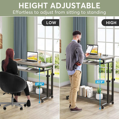 Tribesigns Portable Desk for Sofa and Bed, Height Adjustable Mobile Laptop Table Small Standing Desk Rolling Computer Cart with Keyboard Tray on Wheels for Home Office (Grey) - WoodArtSupply