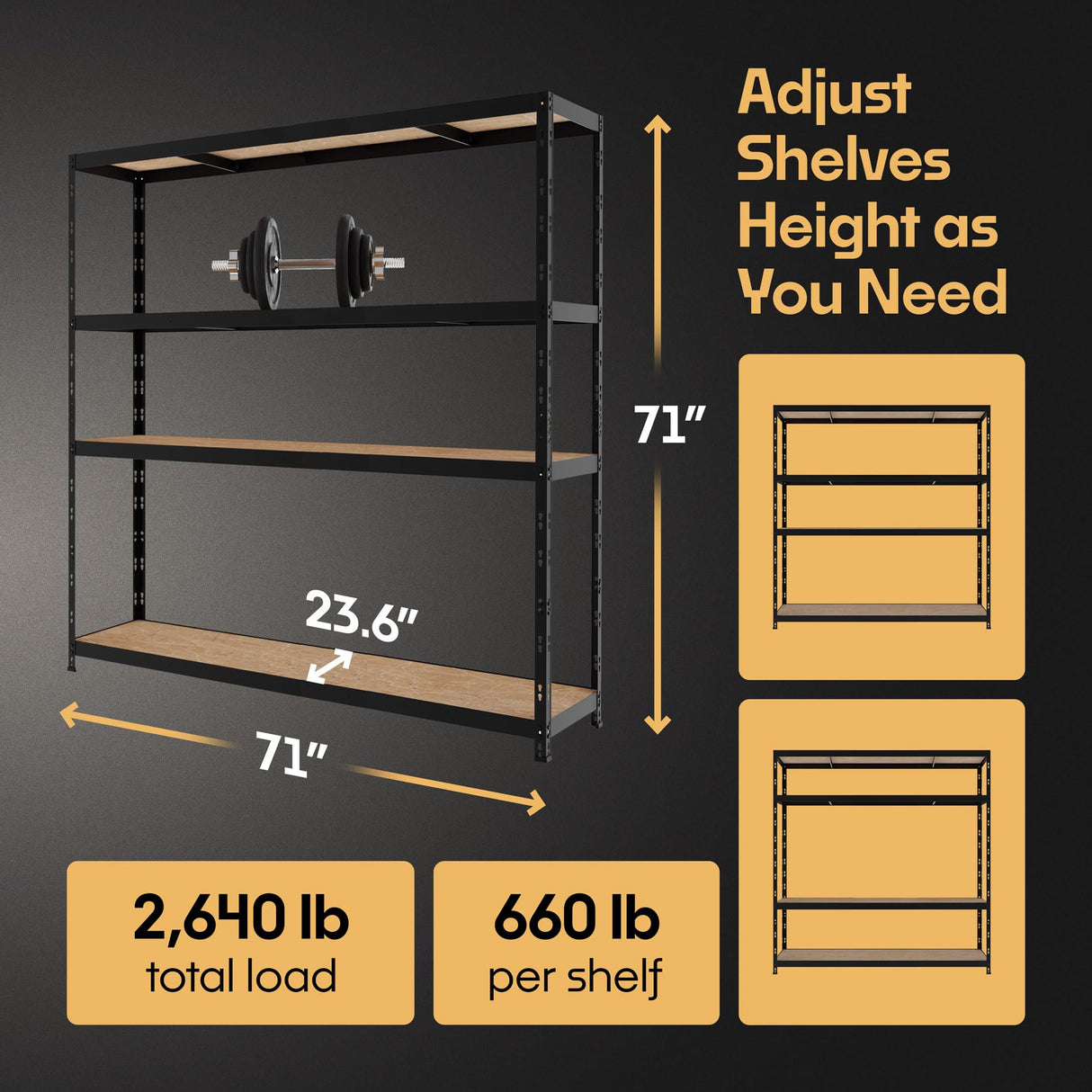 Storage Shelves: 4 Storage Shelves Heavy Duty w/ 2,640 lb Total Load Capacity, 660 per Storage Shelf, 71x71x24 | Adjustable Shelving Unit, Robust Garage Shelving, Extra Long Steel Profiles Metalkas