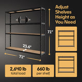 Storage Shelves: 4 Storage Shelves Heavy Duty w/ 2,640 lb Total Load Capacity, 660 per Storage Shelf, 71x71x24 | Adjustable Shelving Unit, Robust Garage Shelving, Extra Long Steel Profiles Metalkas